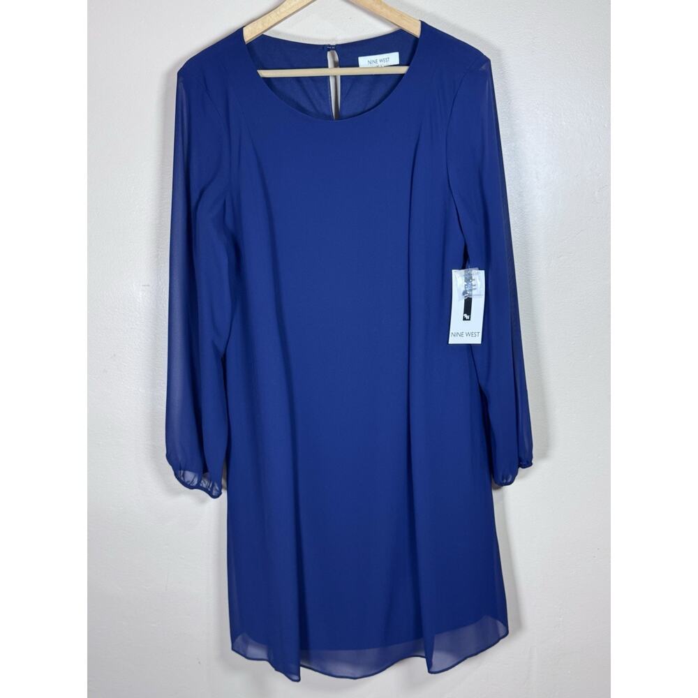 NWT Nine West Sheath Dress Sheer Sleeve Navy Boat Neck Formal Size 12 MSRP $79 - Picture 2 of 12